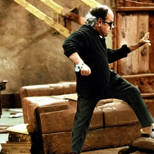 Prompt: Danny Devito dodging a trap in a dungeon