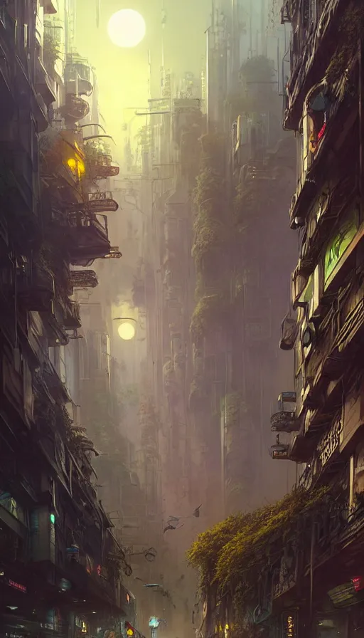 Prompt: hyper realistic cyberpunk city, busy crowded market street overtaken by lush plants, full moon, light rays, gnarly trees by tom bagshaw, mucha, gaston bussiere, craig mullins, j. c. leyendecker 8 k