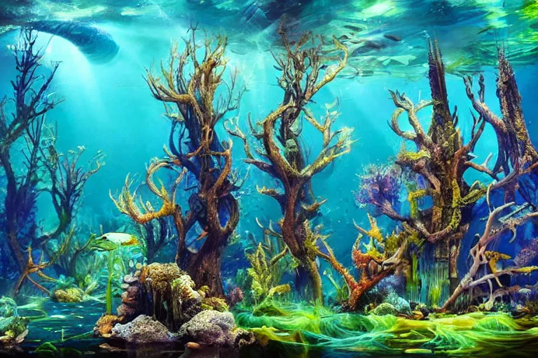 Prompt: Fantastical underwater forest by Eywind Earle