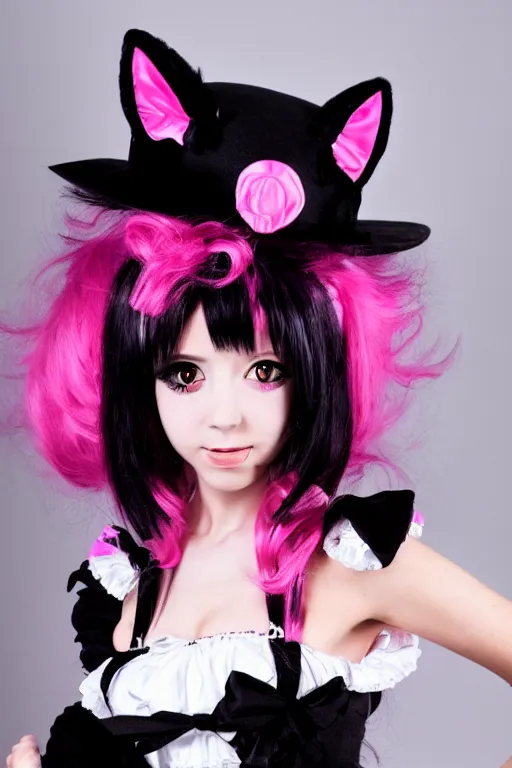 Image similar to Anime Catgirl with black fur, pink hair, and pink eyes in Gothic Lolita maid costume wearing small top hat