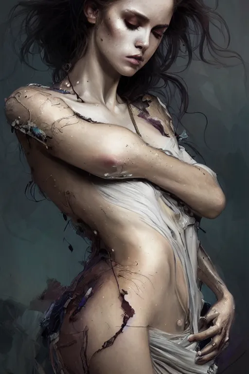 Image similar to body portrait of a gorgeous ghost princess, wearing torn clothes, by terry o'neill intricate, elegant, highly detailed, digital painting, glistening skin, artstation, concept art, smooth, sharp focus, contrasting lighting, bright colors, dark background, illustration, art by artgerm and greg rutkowski and alphonse mucha, 8 k