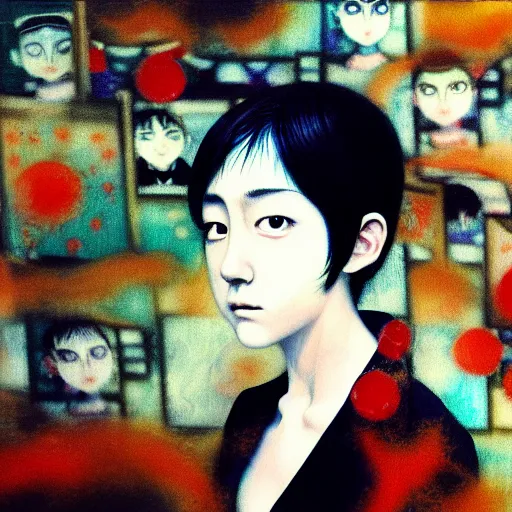 Image similar to yoshitaka amano blurred and dreamy realistic three quarter angle portrait of a young woman with short hair and black eyes wearing office suit with tie, junji ito abstract patterns in the background, satoshi kon anime, noisy film grain effect, highly detailed, renaissance oil painting, weird portrait angle, blurred lost edges