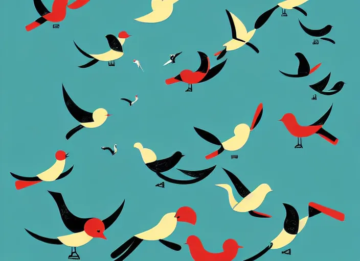 Image similar to Birds attacking cats while people run away by Karolis Strautniekas, editorial illustration, detailed, art deco, Mads Berg, matte print