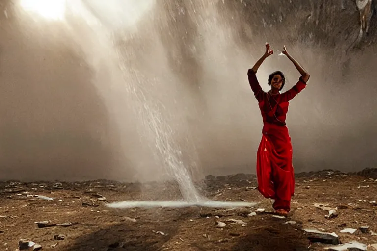 Prompt: VFX movie of a Indian woman dancing with magic flowing antigravity water in an Eskimo village by Emmanuel Lubezki