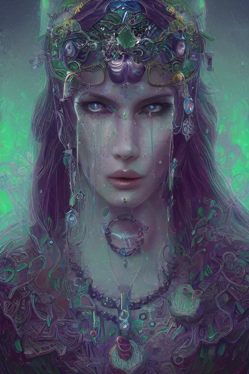 Image similar to portrait of jewel elf oracle physically accurate, moody dynamic lighting, very very intricate, very very elegant, highly detailed, digital painting, artstation, in the style of Rob Lefield and Dan Mumford , trending on artstation, digital art,surrealism ,macro,blueprint ,vaporwave ,