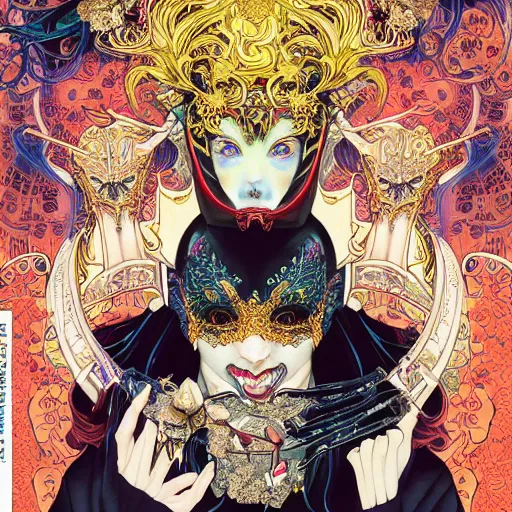 Prompt: portrait of crazy girl wearing venetian mask, symmetrical, by yoichi hatakenaka, masamune shirow, josan gonzales and dan mumford, ayami kojima, takato yamamoto, barclay shaw, karol bak, yukito kishiro