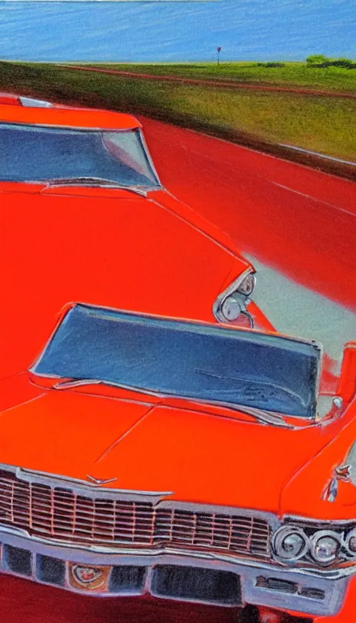 Prompt: 1 9 6 3 red cadillac convertible in the distance driving down empty highway into an orange sunrise, oil pastel, high detail, realistic, vintage, surreal