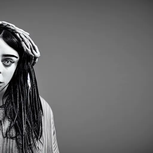 Image similar to crazy billie eilish with a pan on her head