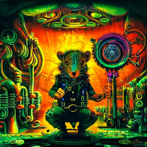 Image similar to steampunk rat, acid, 303, psychedelic, by paul lehr, cd cover for psytrance artist