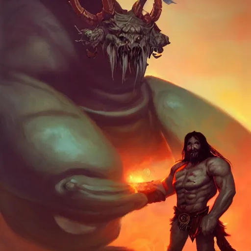 Image similar to a realistic full body portrait of Zaug, Slayer of hope, a combination of a beefy conan the barbarian and a warlock with a kind heart, in the background is a normal suburban backyard by Anato Finnstark, Jordan Grimmer, Ross Tran, and Vincent Di Fate Nausicaa