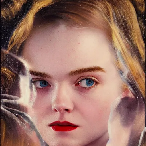 Prompt: Elle Fanning at night, stormy weather, extremely detailed masterpiece, oil on canvas, Roger Deakin’s cinematography, by Norman Rockwell,