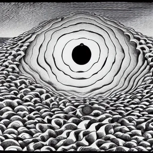 Prompt: a black and white drawing of a road splitting the ocean and leading to a giant eyeball in the distance, the eyeball is looking at clouds, beautiful coarse illustration, screen press, by mc escher and magritte