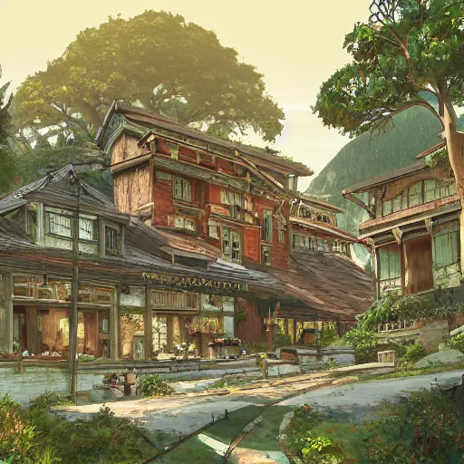 Prompt: concept art painting of a historic bakery with european and japanese architecture, in a woodland village surrounded by trees, in a mountain valley, realistic, detailed, cel shaded, in the style of makoto shinkai and greg rutkowski and james gurney