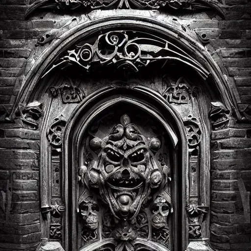 Prompt: port door with carved sinister face head. meduza gorgona. cast iron. gothic medieval baroque. symmetry. epic. ominous shapes. hyper detailed. photoreal. trending on artstation