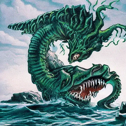 Prompt: an intricate and scary sea monster while The Rock is shooting a laser beam to it