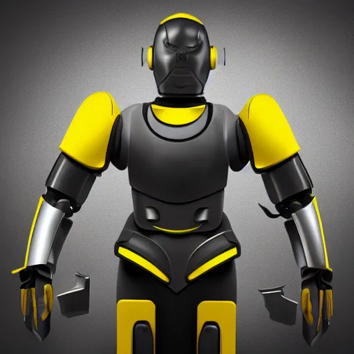 Image similar to a tall faceless security robot with dark grey and yellow armor holding a futuristic rifle