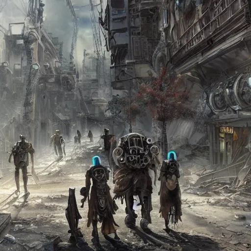 Prompt: futuristic steam punk robots walking through the center of a destroyed city, extreme realism, massive destruction, extremely detailed digital painting, highly detailed, abstract, water color art style, deep aesthetic, 8 k, highly ornate intricate details, cinematic lighting, rich colors, digital artwork, ray tracing, hyperrealistic, photorealistic, cinematic landscape, trending on artstation,