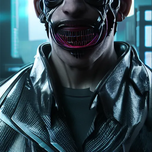 Image similar to evil cyberpunk dark villain, highly detailed, photorealistic portrait, bright studio setting, studio lighting, crisp quality and light reflections, unreal engine 5 quality render