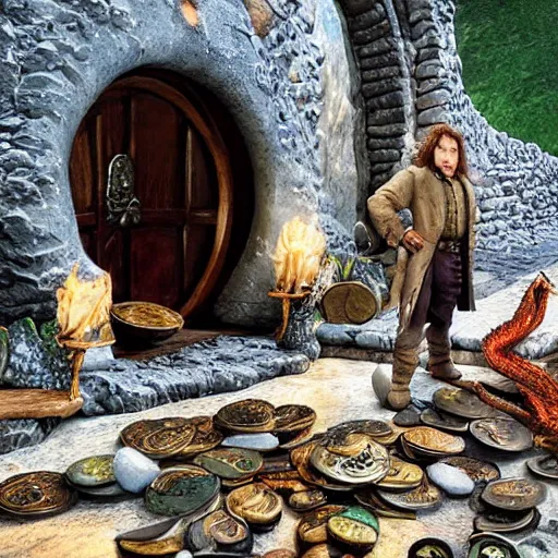 Prompt: “the hobbit and Smaug with his treasure hoard, 8k, HDR, photorealistic, photography, detailed”