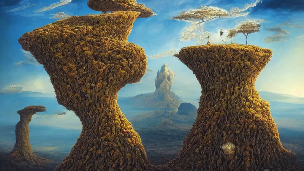 Image similar to surreal landscape with anthropomorphic!!! terrain!!! in the styles of igor morski, jim warren, and rob gonsalves, intricate, hyperrealistic, volumetric lighting, big sky, distinct horizon