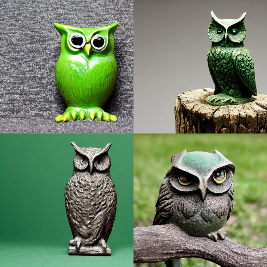 Prompt: A green statuette of an owl. solid Background.