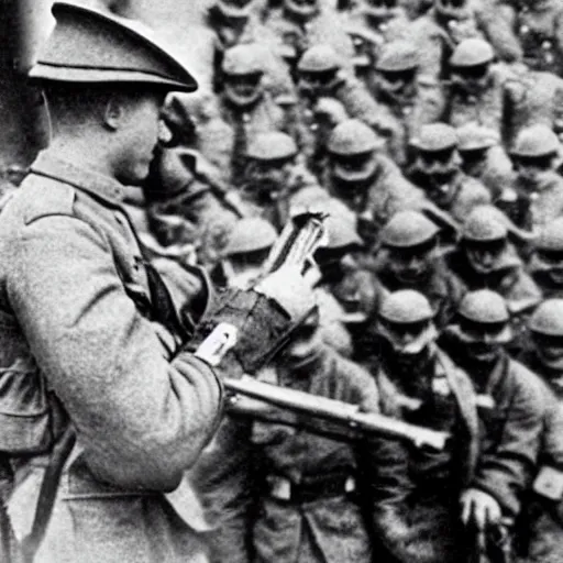 Image similar to WW1 photograph of a soldier wielding a hot dog like a gun