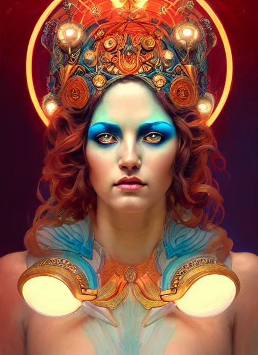 Image similar to the goddess hera looking angry wearing a paper tunic, glowing eyes, volumetric lights, red and cyan theme, art nouveau botanicals, intricate, highly detailed, digital painting, artstation, concept art, smooth, sharp focus, symmetric face, illustration, art by artgerm and greg rutkowski and alphonse mucha