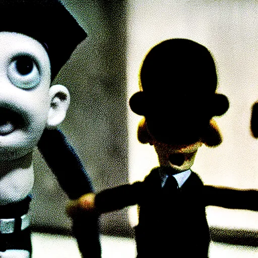 Prompt: claymation hitler as a pokemon by jan svankmajer, hyperrealistic, very detailed, tim burton, 3 5 mm film still, gothic, horror, eldritch