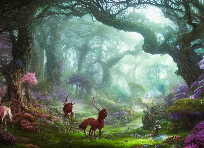 Image similar to desktop background, magical fantasy forest, centaur, path traced, highly detailed, high quality, digital painting, by studio ghibli, lise deharme, alexander jansson, paul lehr, noriyoshi ohrai, tim white, hans zatzka, henriette ronner - knip, george stubbs, louis wain