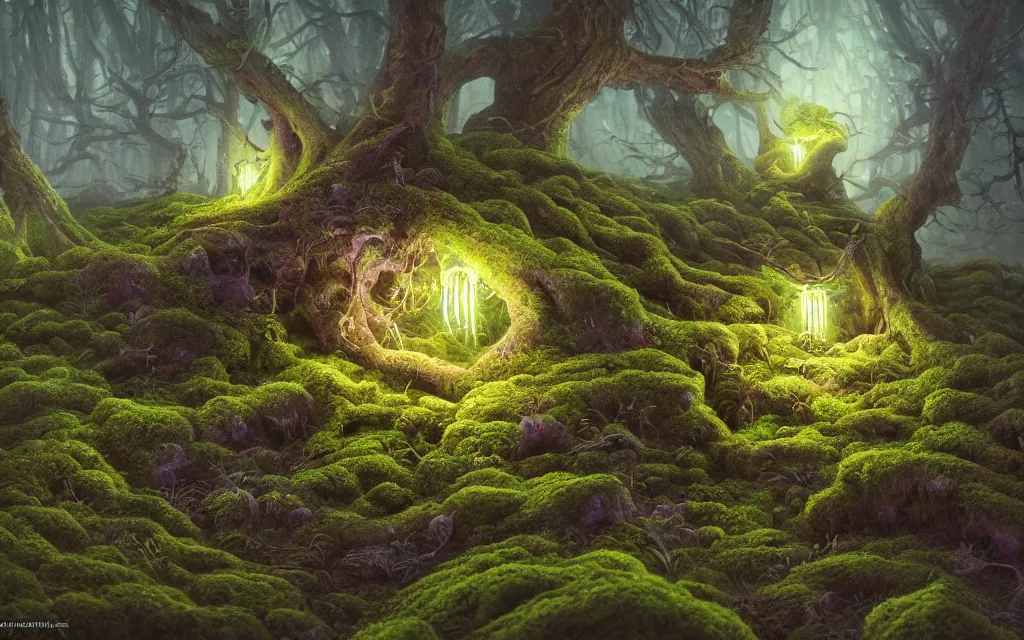 Prompt: a beautiful macro photography of green moss with tree roots filled with alien fungus, bioluminescent , hyper detailed, ,warm volumetric lights , Zoom close up Matte painting ,made by Gerald Brom and Mike Winkelmann, trending on art station