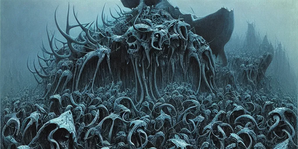 Prompt: horde of dark blue wasps crawling through the cavities of a large moose skull, Zdzislaw Beksinski, Wayne Barlowe, gothic, cosmic horror, dystopian, biomorphic, lovecraftian, amazing details, cold hue's