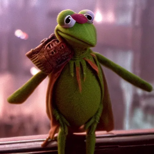 Image similar to kermit the frog as Deckard in Blade Runner (1982)