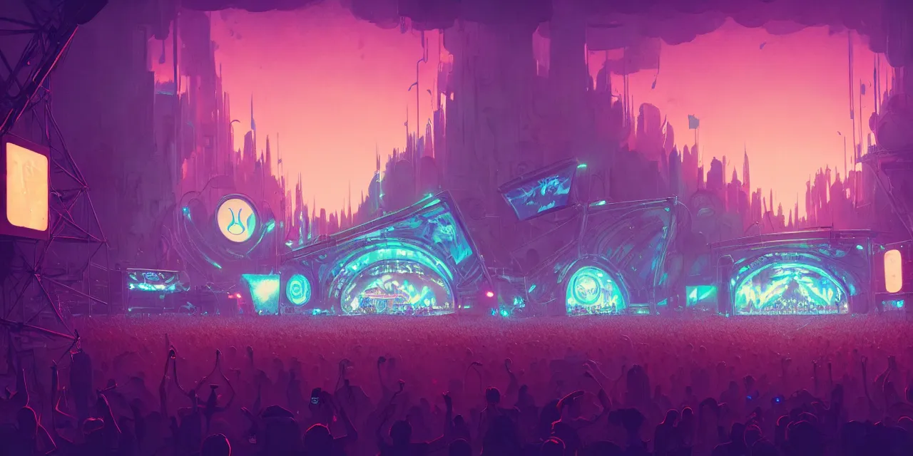 Image similar to tomorrowland, hyper - realistic detailed music festival stage, by atey ghailan, by greg rutkowski, by greg tocchini, by james gilleard, by joe fenton, by kaethe butcher, dynamic lighting, neon cinematic lighting color scheme, white lighting, grunge aesthetic