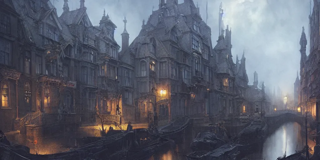 Prompt: victorian streets, canals, dark fantasy setting, matte painting, detailed, 4k, style of alan lee and peter mohrbacher and frank frazetta and mike mignola