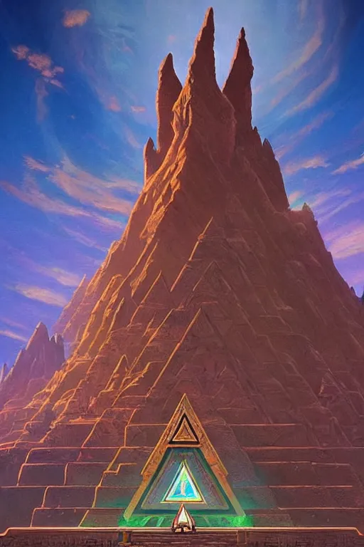 Prompt: zelda botw, epic forgotten triforce temple, art by tim hildebrandt, dramatic lighting, desert colours, unreal engine, very elegant, wide angle lens