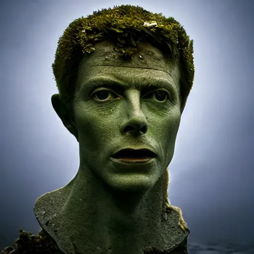 Image similar to Award-winning photograph by Mar Mann. The photo depicts a decaying roman bust of David Bowie overgrown with moss at the bottom of the sea in the middle of ruins of civilization. Minimalism, high definition, perfect composition. Deep sea picture. Very dark. Volumetric Lighting. Fish. Darkness. Ruins