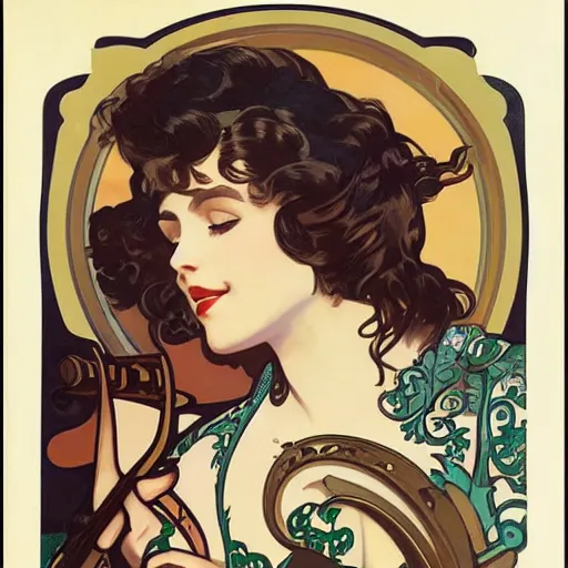 Prompt: young female musician, dark hair, 1 9 4 0 s fashion,, highly detailed, intricate, smooth, art by alphonse mucha and claude lorraine