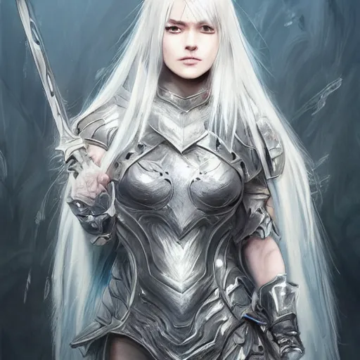 Image similar to fantasy art of beautiful woman warrior in plate armor, medium shot, white hair, very realistic, very detailed, cgsociety, anime, matte painting, intricate, by wlop