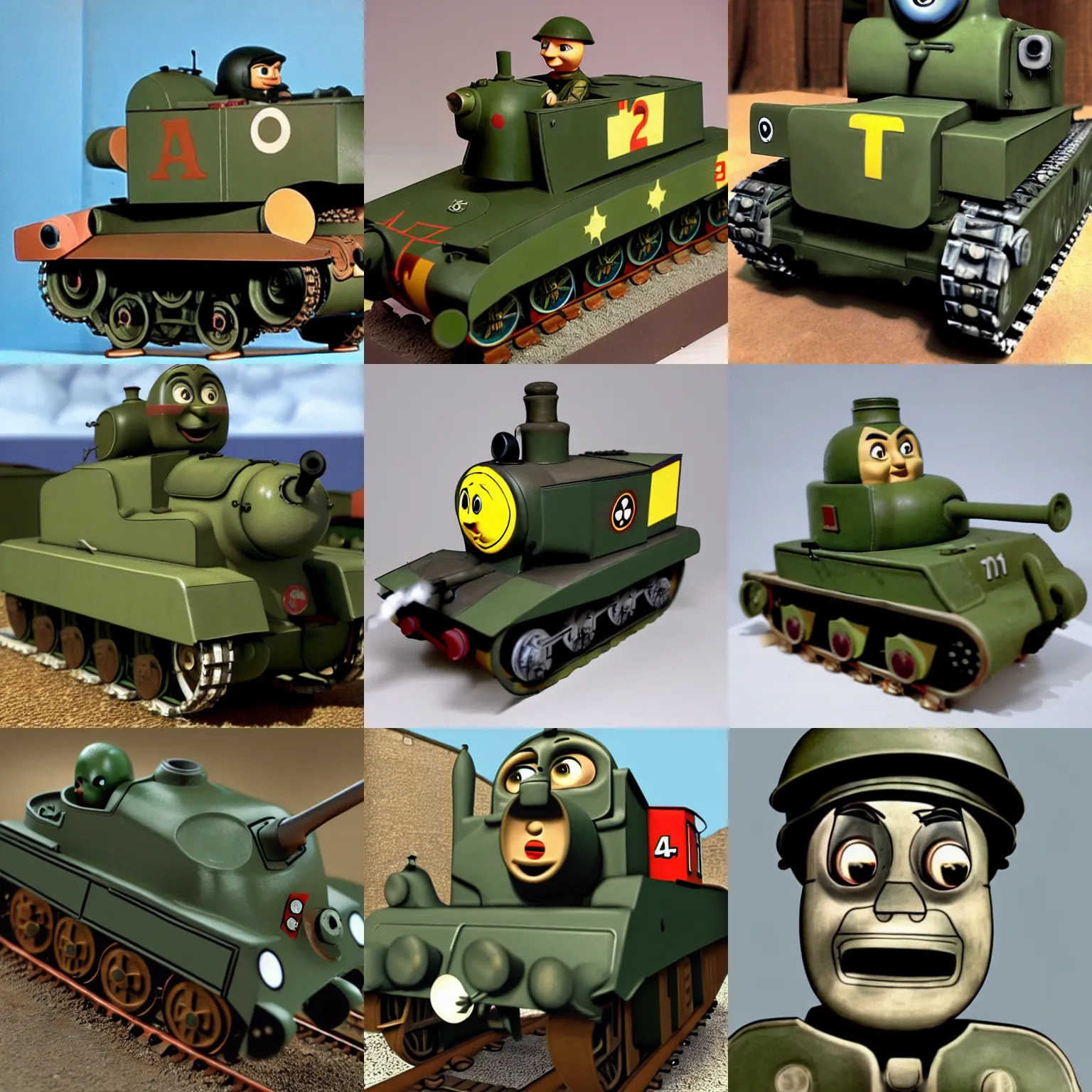 Image similar to an anthropomorphised panzer world war two tank with a face, by wilbert awdry in the art style of thomas the tank engine