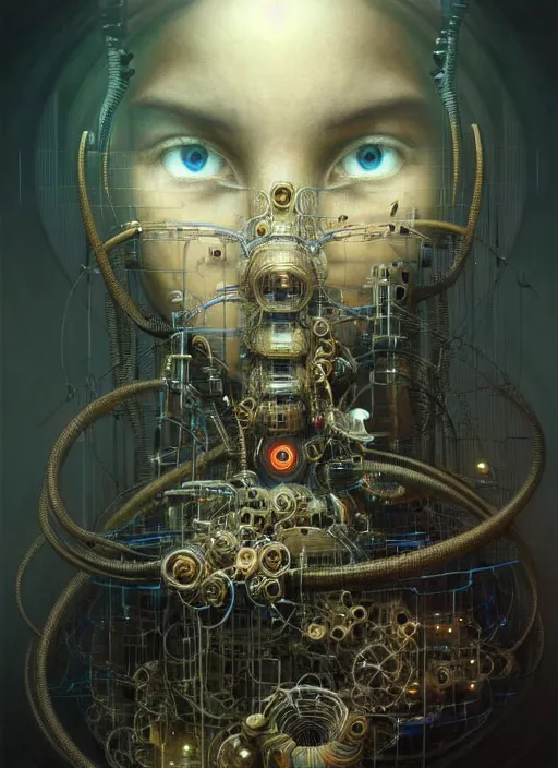 Image similar to portrait shot of machine that creates humans in a scenic dystopian environment, intricate, tubes and cables, elegant, highly detailed, centered, digital painting, artstation, concept art, smooth, sharp focus, illustration, artgerm, tomasz alen kopera, peter mohrbacher, donato giancola, joseph christian leyendecker, wlop, boris vallejo