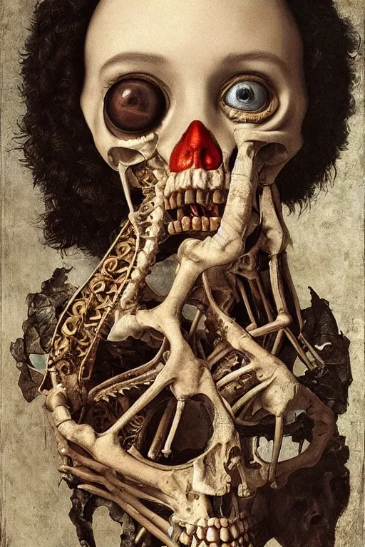 Prompt: Detailed maximalist portrait with large lips and with large, wide eyes, sad expression, extra bones, flesh, HD mixed media, 3D collage, highly detailed and intricate, surreal, illustration in the style of Caravaggio, dark art, baroque