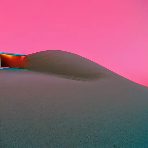 Image similar to a building buried in a desert dune, surreal, neon lights, james turrel, minimalist architecture,