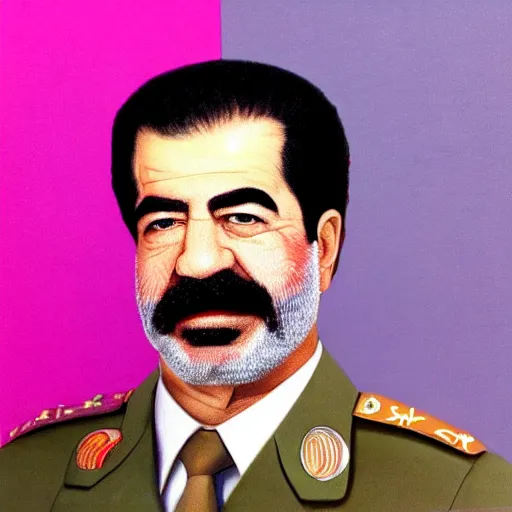 Image similar to professional portrait of saddam hussein wearing a pink puffy jacket and a bucket hat, rainbow background, 8 k, very detailed, very intricate,