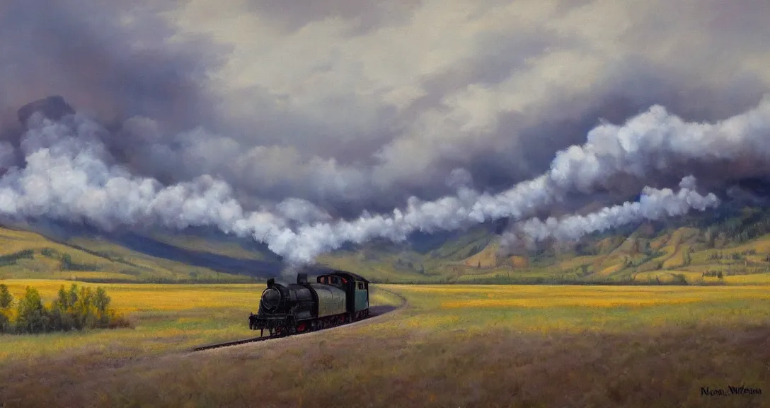 Prompt: a steam train in the distance, rocky mountains!, smoke in the distance!, beautiful, by norman wilson, oil painting, valley!