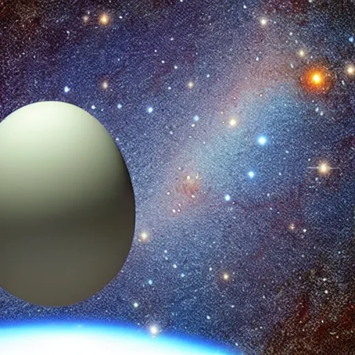 Prompt: new photos taken by deep space satellite reveals the milky way galaxy orbits around a supermassive egg