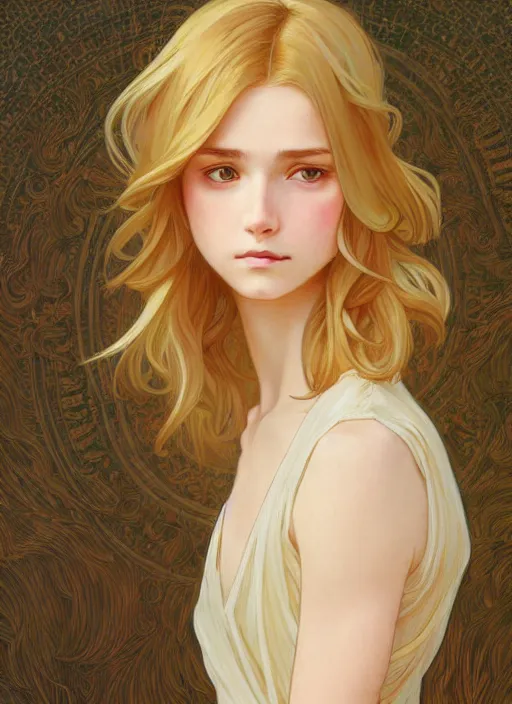 Image similar to pretty young man with shoulder length shiny shimmering golden blond hair, head down, demure, shy, path traced, highly detailed, high quality, digital painting, by studio ghibli and alphonse mucha, leesha hannigan, disney