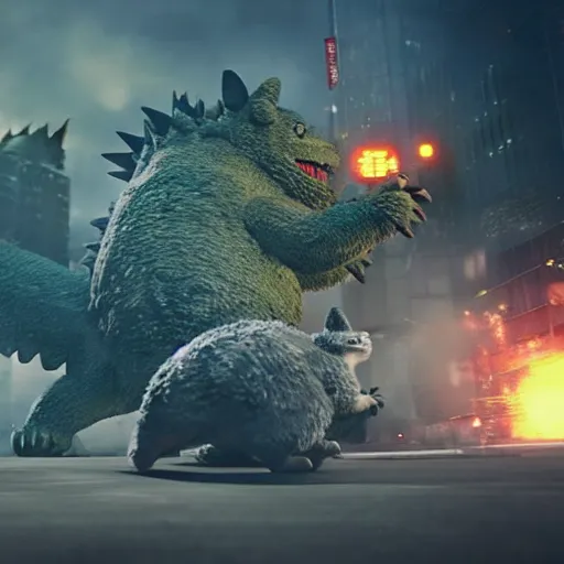 Image similar to cinematic photo of Totoro fighting Godzilla in Tokyo, cinematic, unreal engine, epic, explosions,