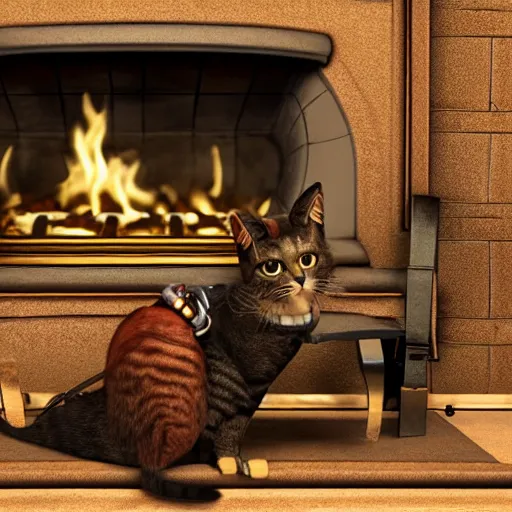 Image similar to steampunk cat sits in a chair in front of a fireplace in a book lined room and smokes a pipe, high realistic, high detailed, octane render