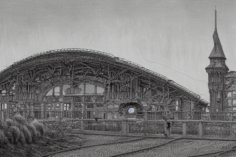 Image similar to intricate, 3 d, train station, style by caspar david friedrich and wayne barlowe and ted nasmith.