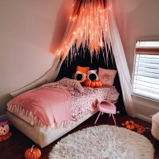 Image similar to a pink and gold bedroom with halloween themed christmas decorations, loft bed, books, throw rug, cushions, gamer, relaxing, real life, high resolution, kawaii